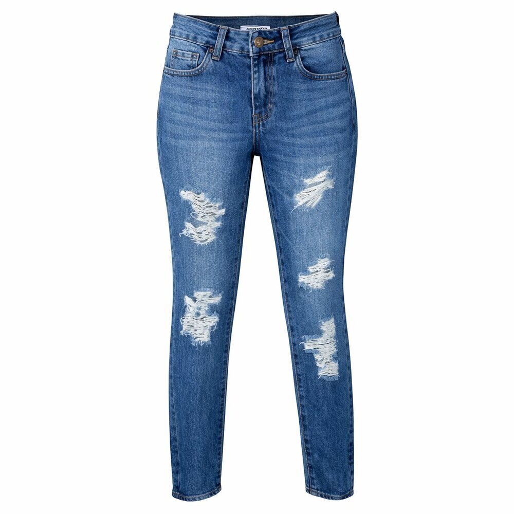 High Rise Rip & Repair Slim Jeans Medium Wash Size 0/24 Rigid Front Stretch Back